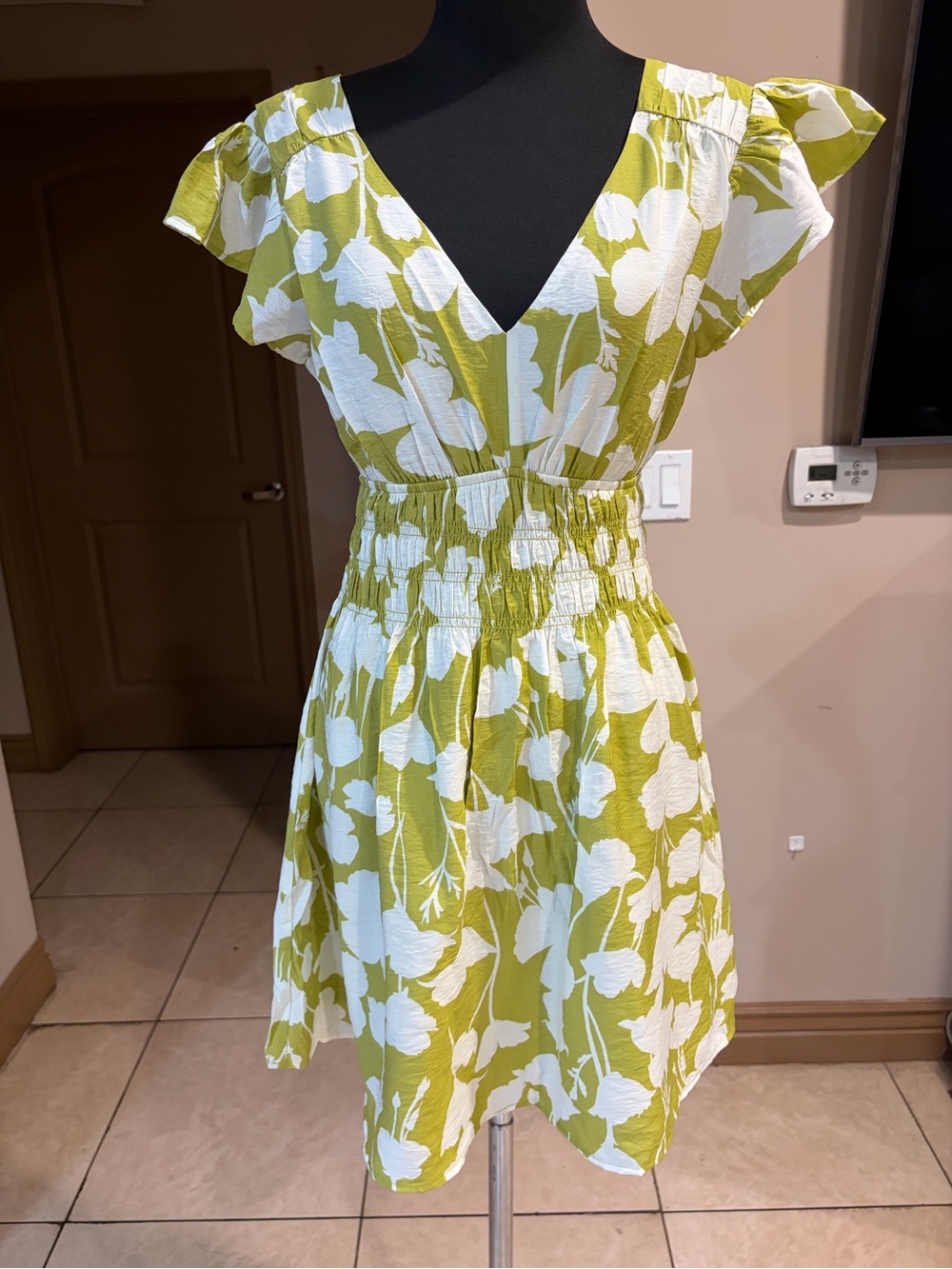 Blu Pepper Lime Green and White Floral V-Neck Mini Dress